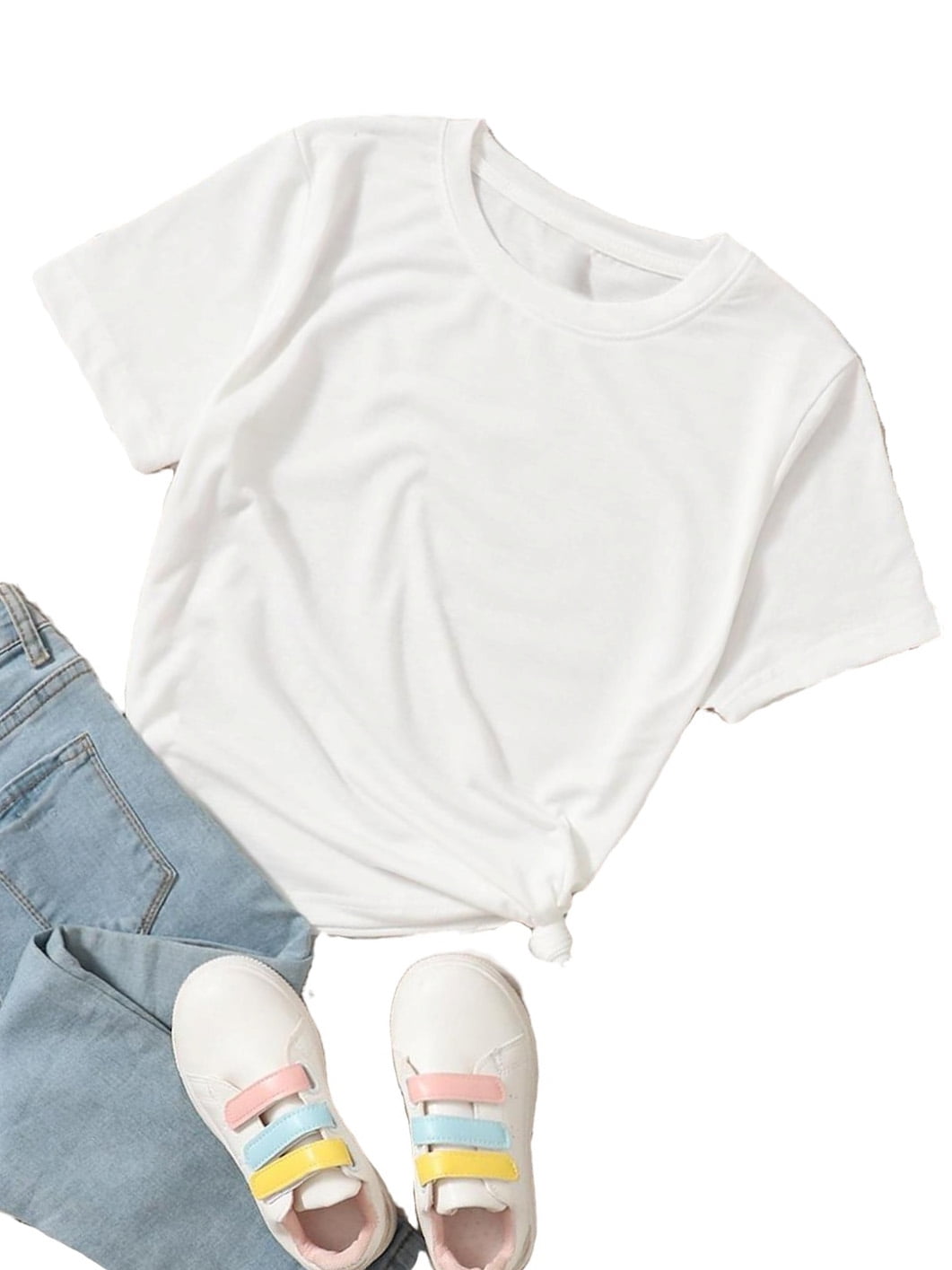 Casual Solid Round Neck Short Sleeve White Girls TShirts (Girl's