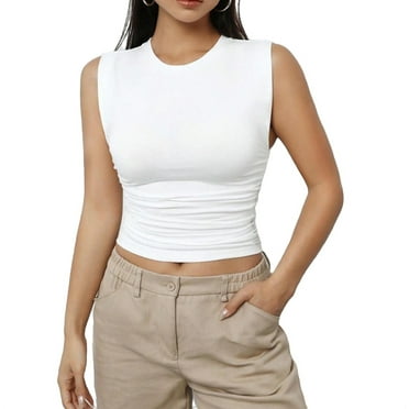 Casual Solid Round Neck Tank Top White Women Tank Top Tops & Camis (Women's)