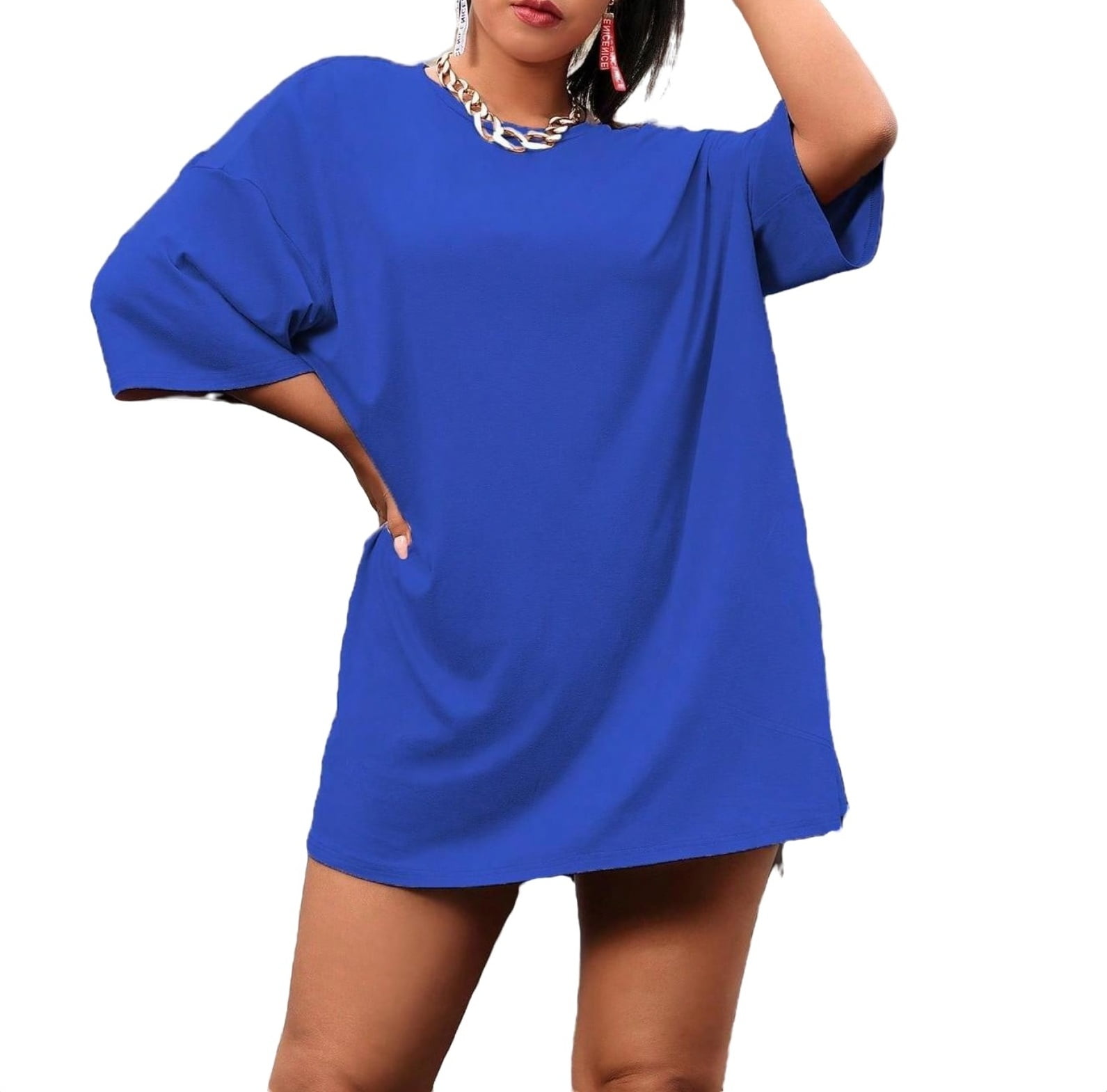 Casual Solid Round Neck Tee 3/4 Sleeve Royal Blue Plus Size T-shirts ...