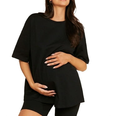 Casual Solid Round Neck Tee Elbow-Length Black Maternity T-shirts (Maternity's)