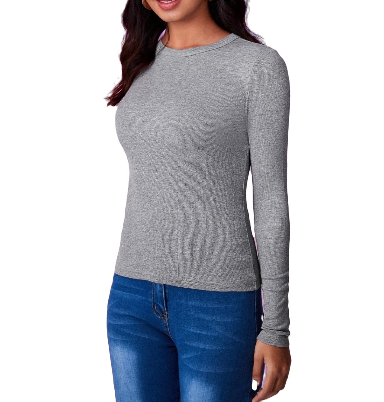 Casual Solid Round Neck Tee Long Sleeve Grey Women T-Shirts (Women's ...