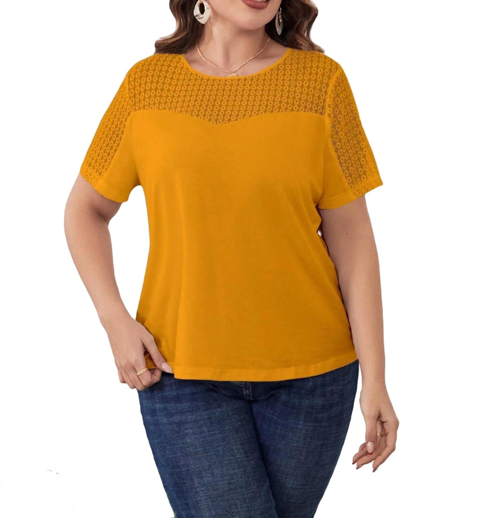 Casual Solid Round Neck Tee Short Sleeve Mustard Yellow Plus Size T ...