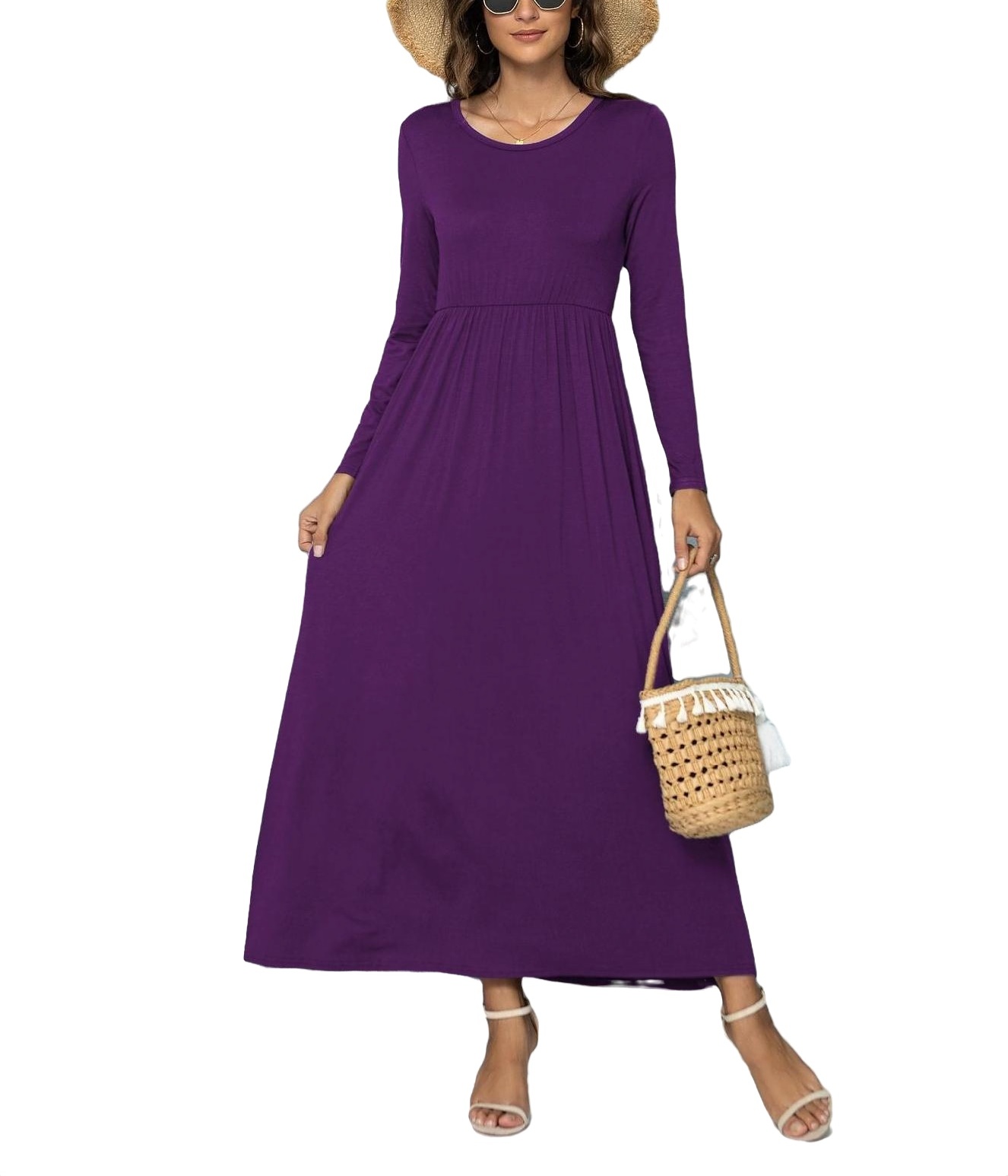 Casual Solid Scoop Neck A Line Dress Long Sleeve Violet Purple Women's