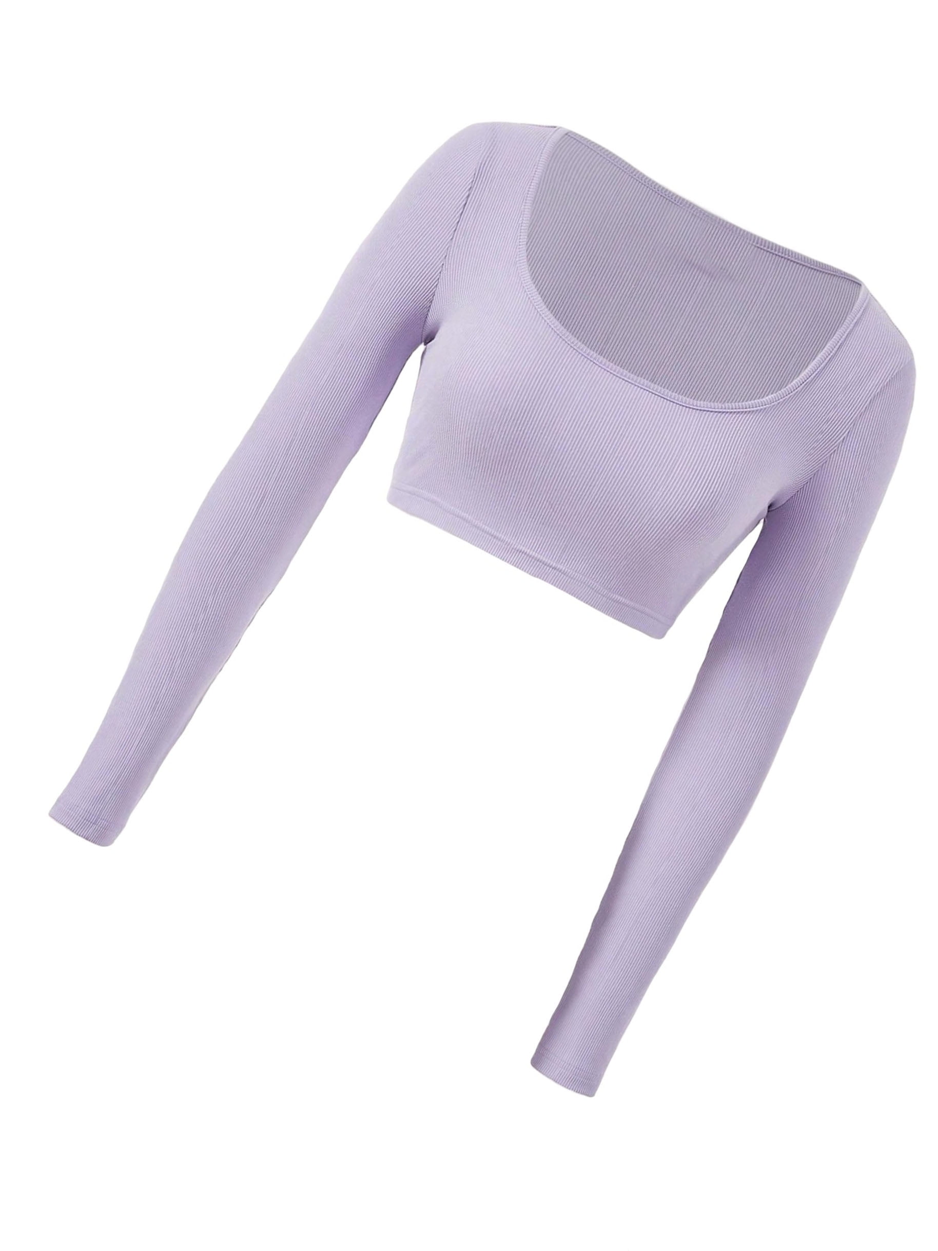 Casual Solid Scoop Neck Crop Top Long Sleeve Lilac Purple Women Tops  (Women's) - Walmart.com