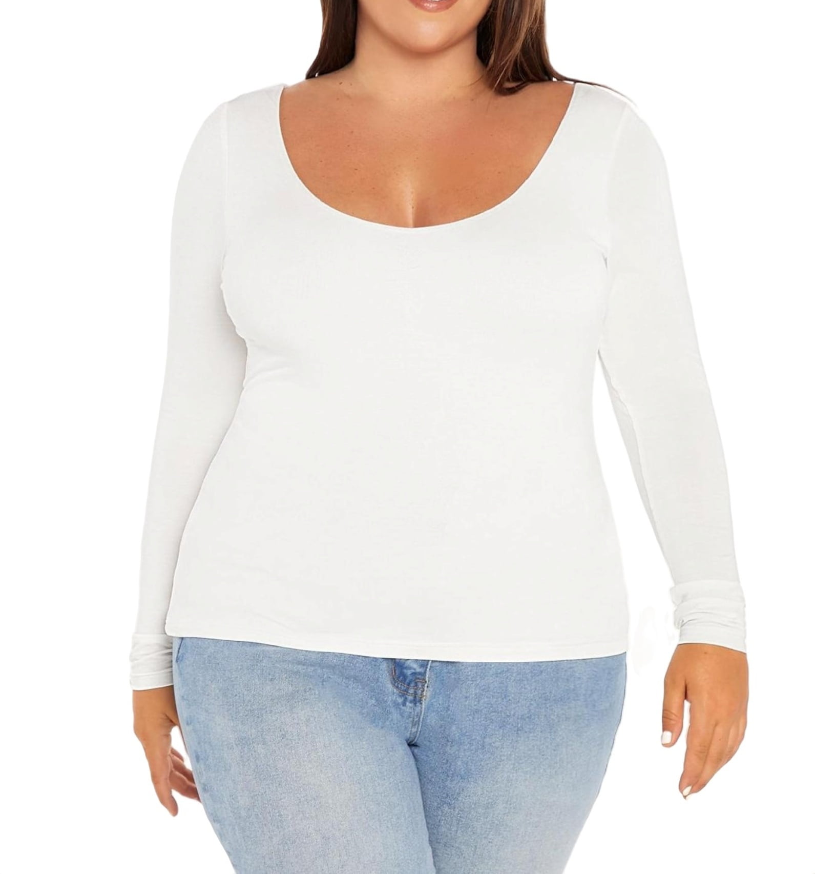 Casual Solid Scoop Neck Fitted Tee Long Sleeve White Plus Size T-shirts ...