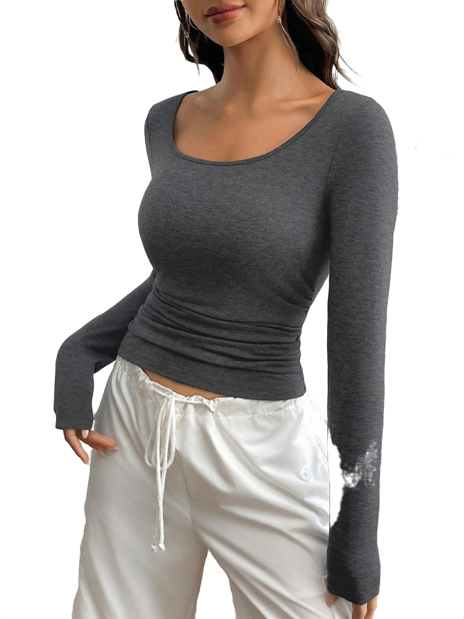 Elegant Slash Neck Long-Sleeved Gray T-Shirt for Women