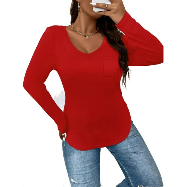 Casual Solid Scoop Neck Long Sleeve Red Plus Size T-shirts (Women's ...