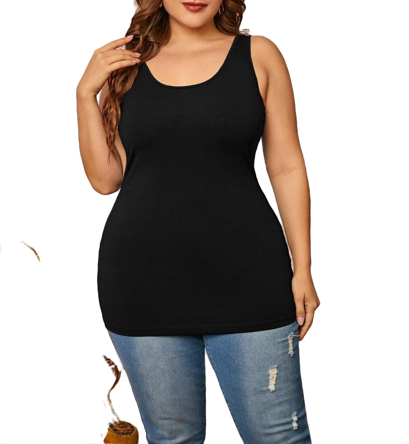 Casual Solid Scoop Neck Tank Black Plus Size Tank Tops & Camis (Women's ...