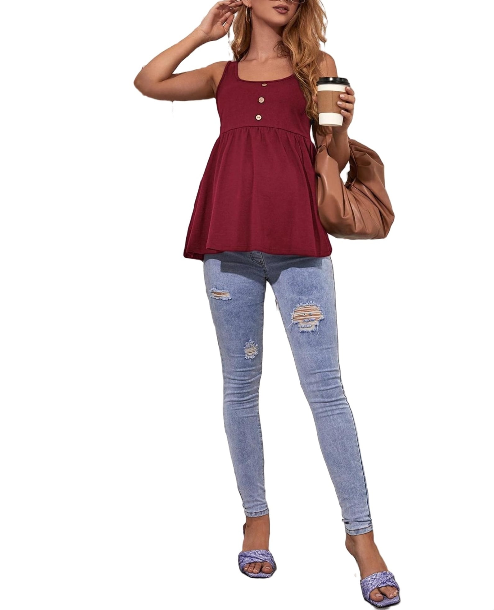 Casual Solid Scoop Neck Tank Burgundy Maternity Tank & Camis (Women's ...