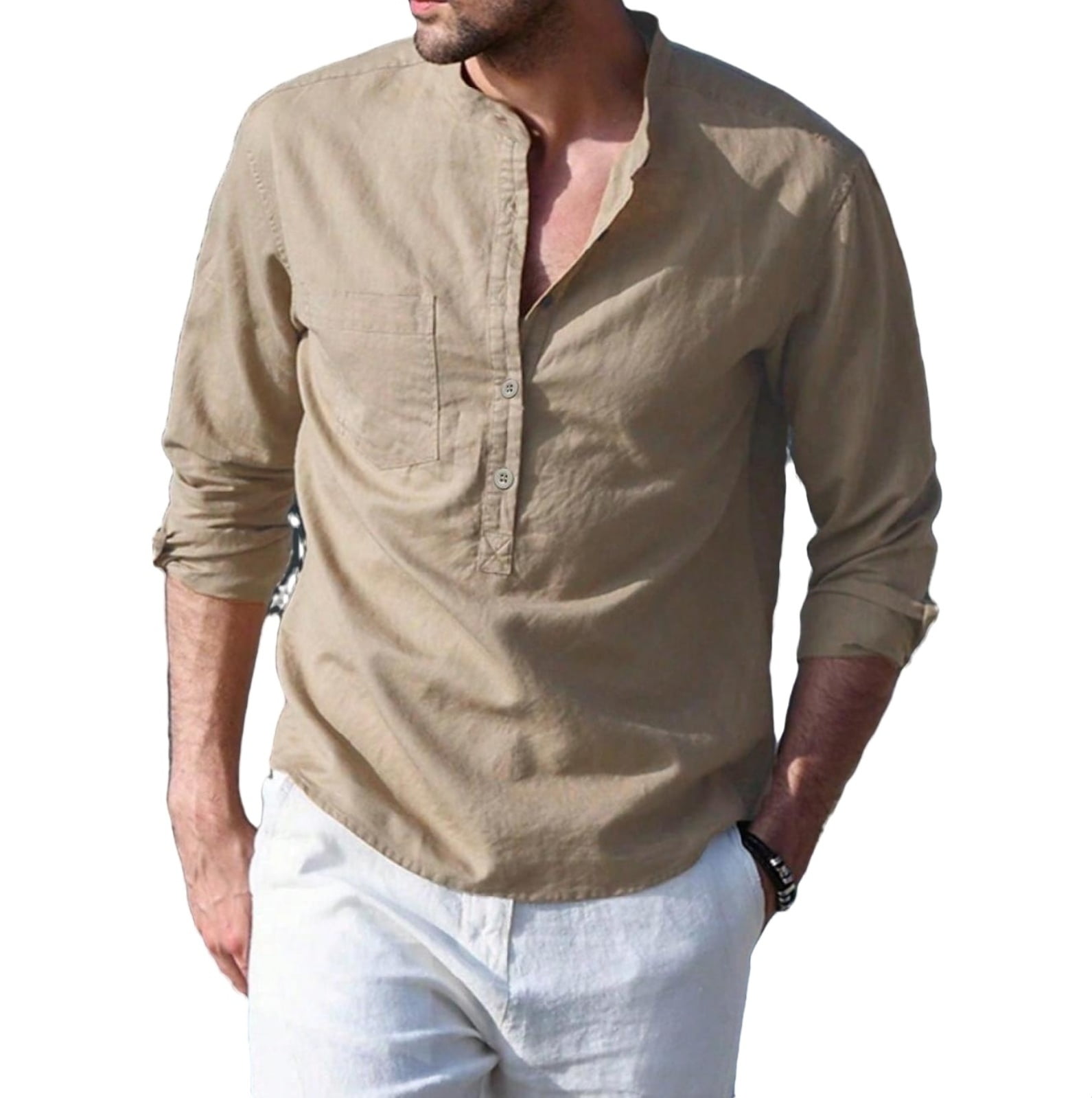 Casual Solid Shirt Stand Collar Khaki Long Sleeve Men Shirts