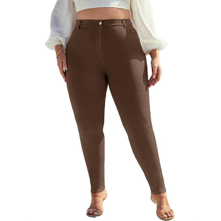 Casual Solid Skinny Mocha Brown Plus Size Pants (Women's)