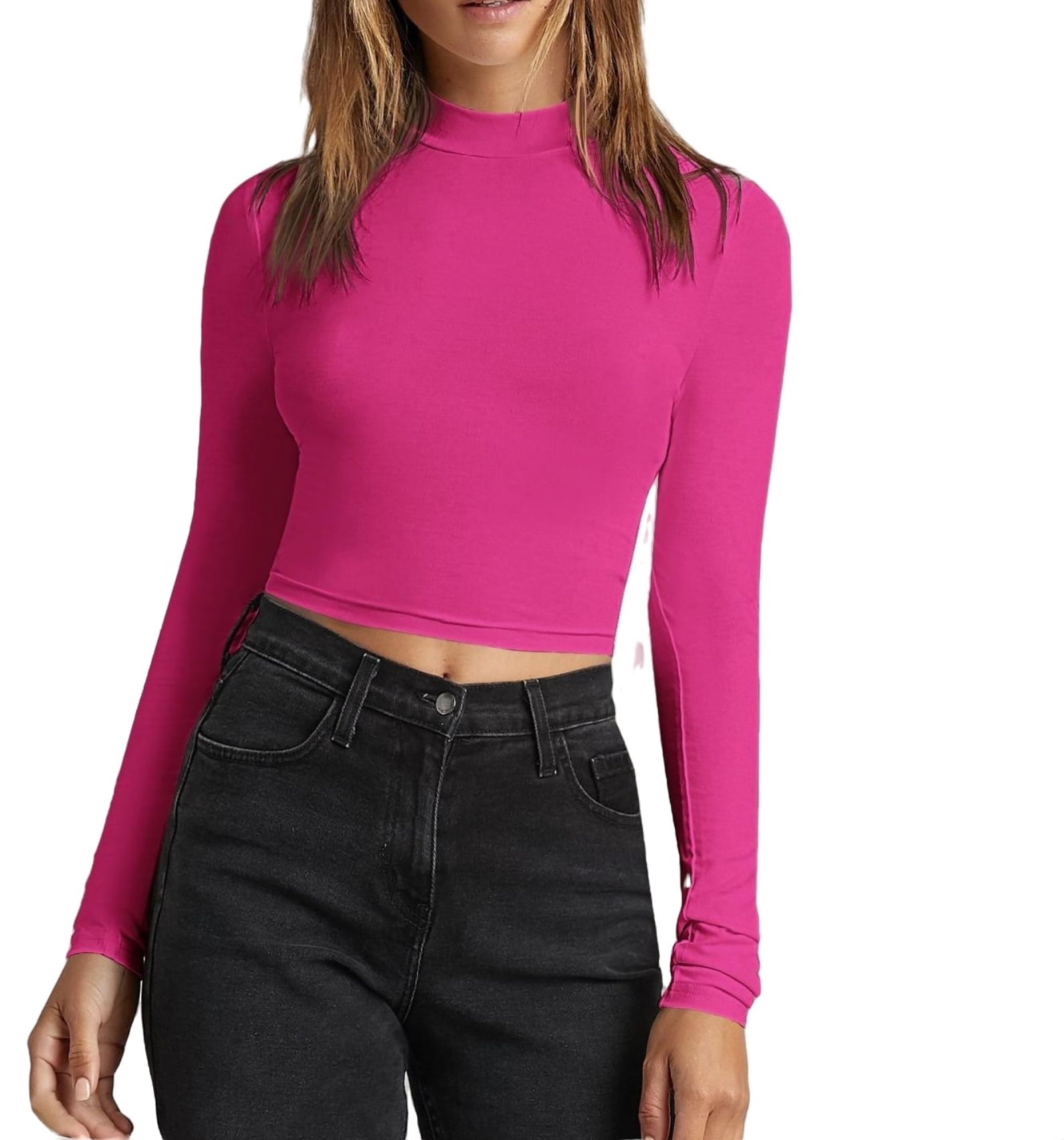 Casual Solid Stand Collar Crop Tee Long Sleeve Hot Pink Women T-Shirts ...