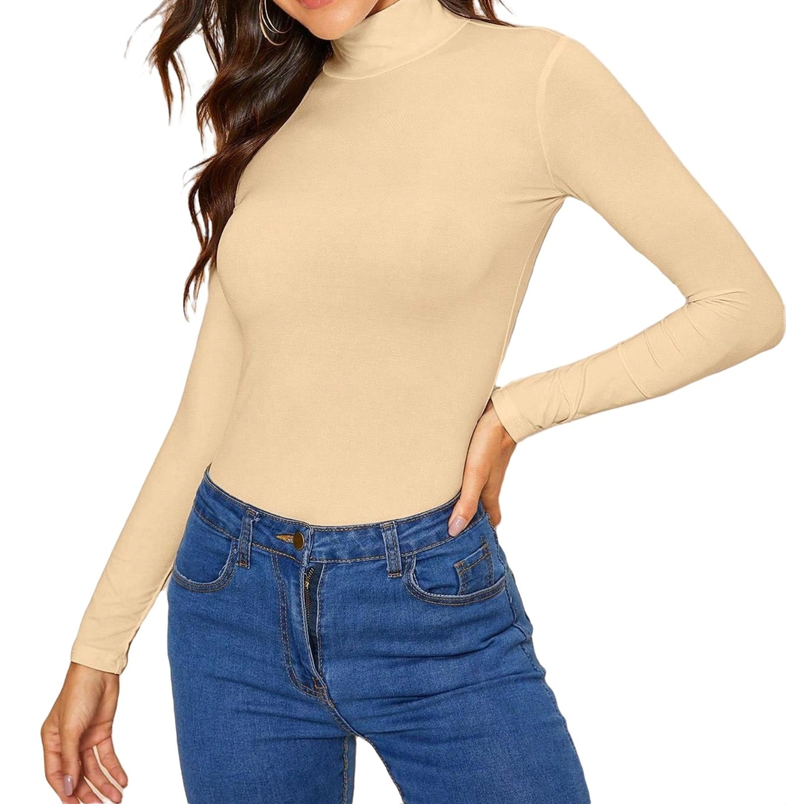 Casual Solid Stand Collar Long Sleeve Apricot Women TShirts (Women's