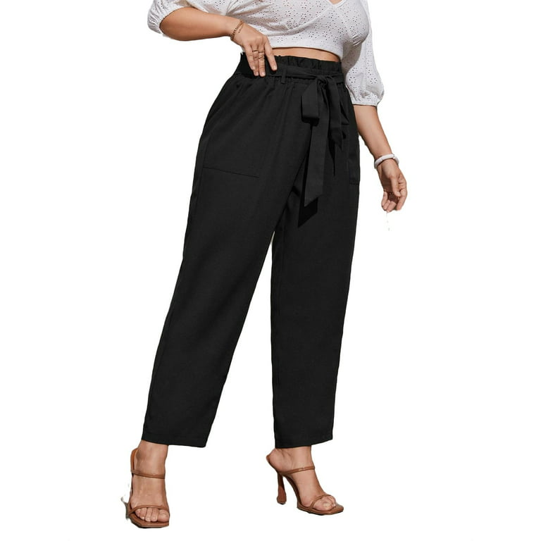Casual Solid Straight Leg Black Plus Size Pants (Women's)