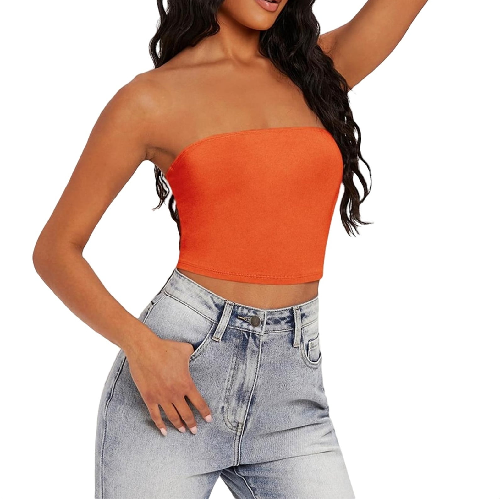 tope tube top キャミ Casual Solid Strapless Tube Top Sleeveless Orange Women Tops