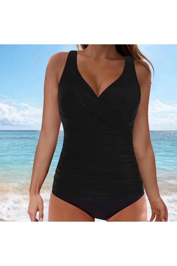 Casual Solid Swimsuit 2 Piece for Women 2025 Tankini Bikini Swimsuit Push-Up Swimwear Swimsuit Blouse Sets Trendy Lightweight Swimwear and High Waisted Short Pants
