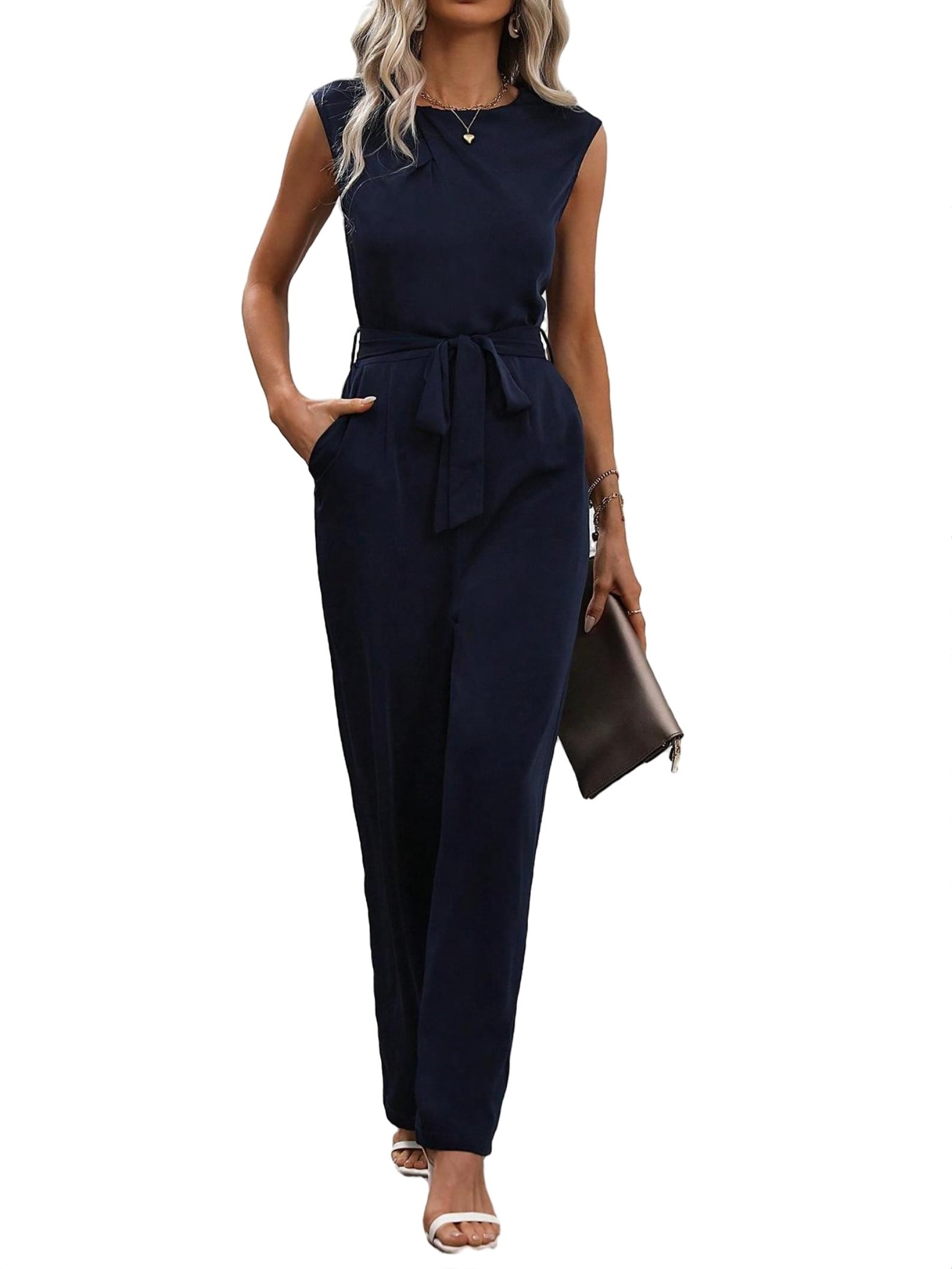 Casual Solid Tank Jumpsuit Round Neck Navy Blue Women Jumpsuits ...