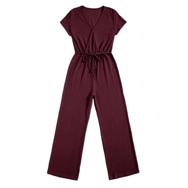Casual Solid Tee Jumpsuit V neck Burgundy Women Jumpsuits
