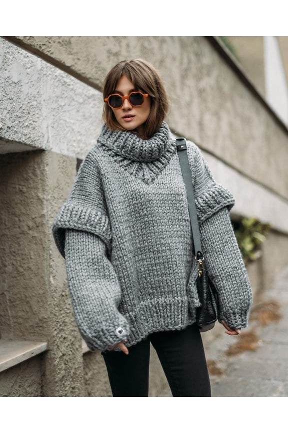 Casual Solid Turtleneck Sweaters (M, Grey)