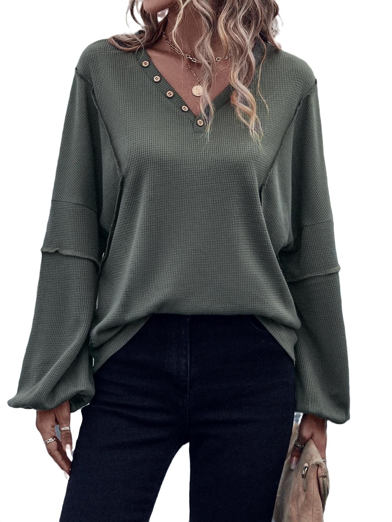 Casual Solid V Neck Long Sleeve Army Green Women's TShirts (Women's