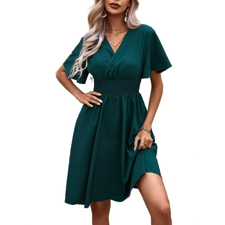 Casual Solid V neck A Line Short Sleeve Dark Green Womens Dresses Women s