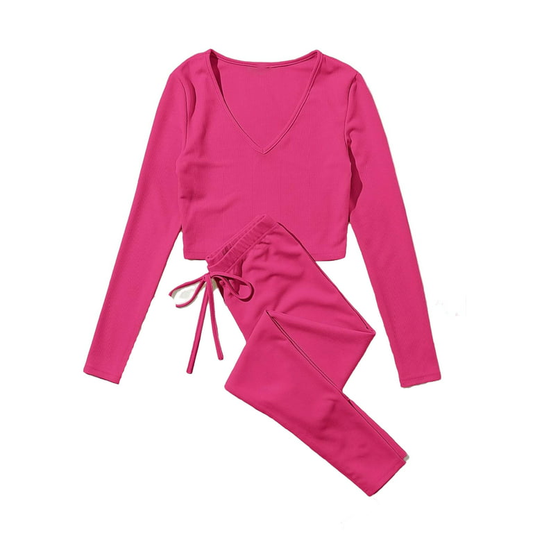 Casual Solid V neck Long Sleeve Hot Pink Womens Tee & Leggings Set
