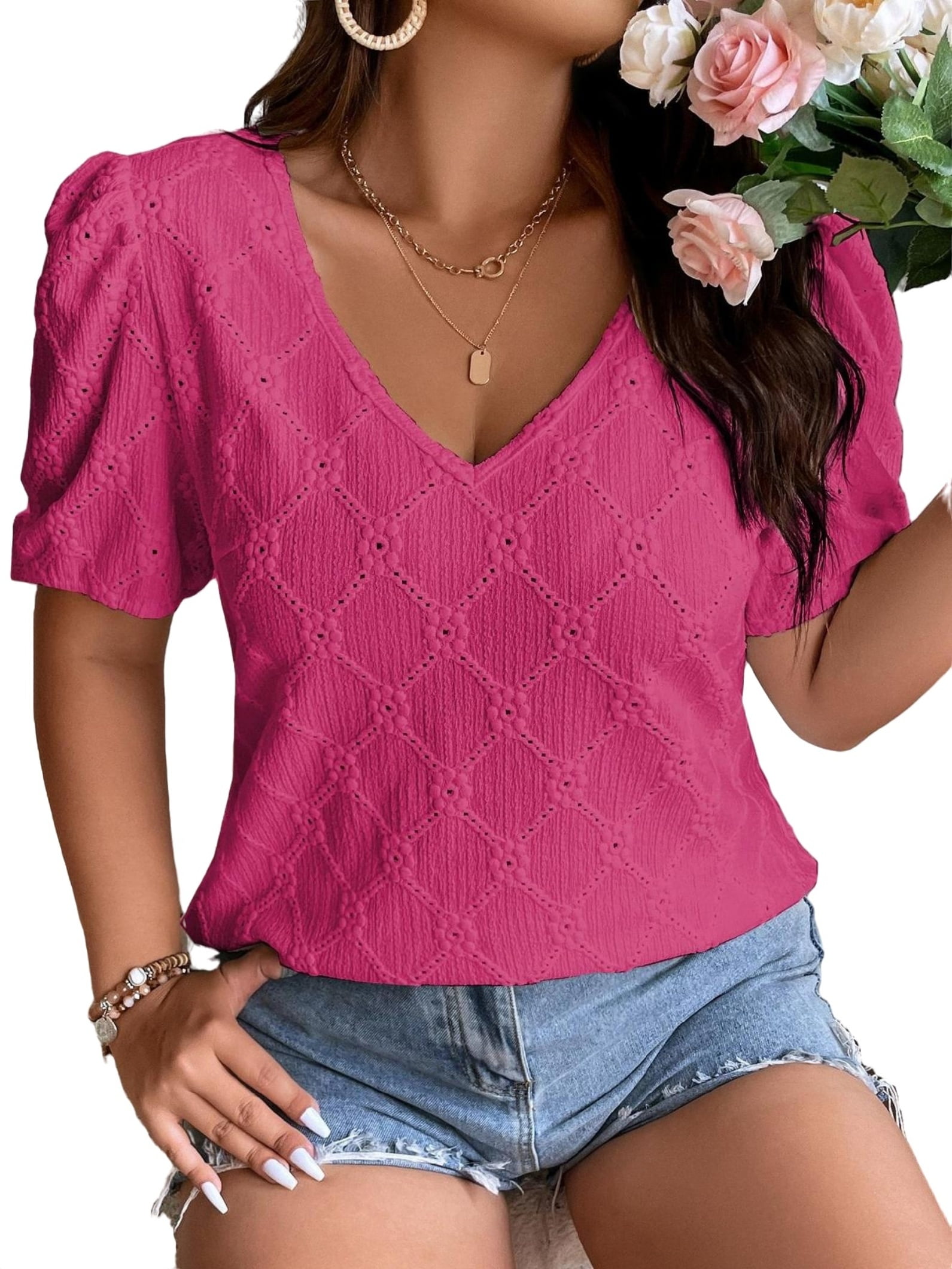 Casual Solid V neck Short Sleeve Hot Pink Plus Size Tshirts (Women's