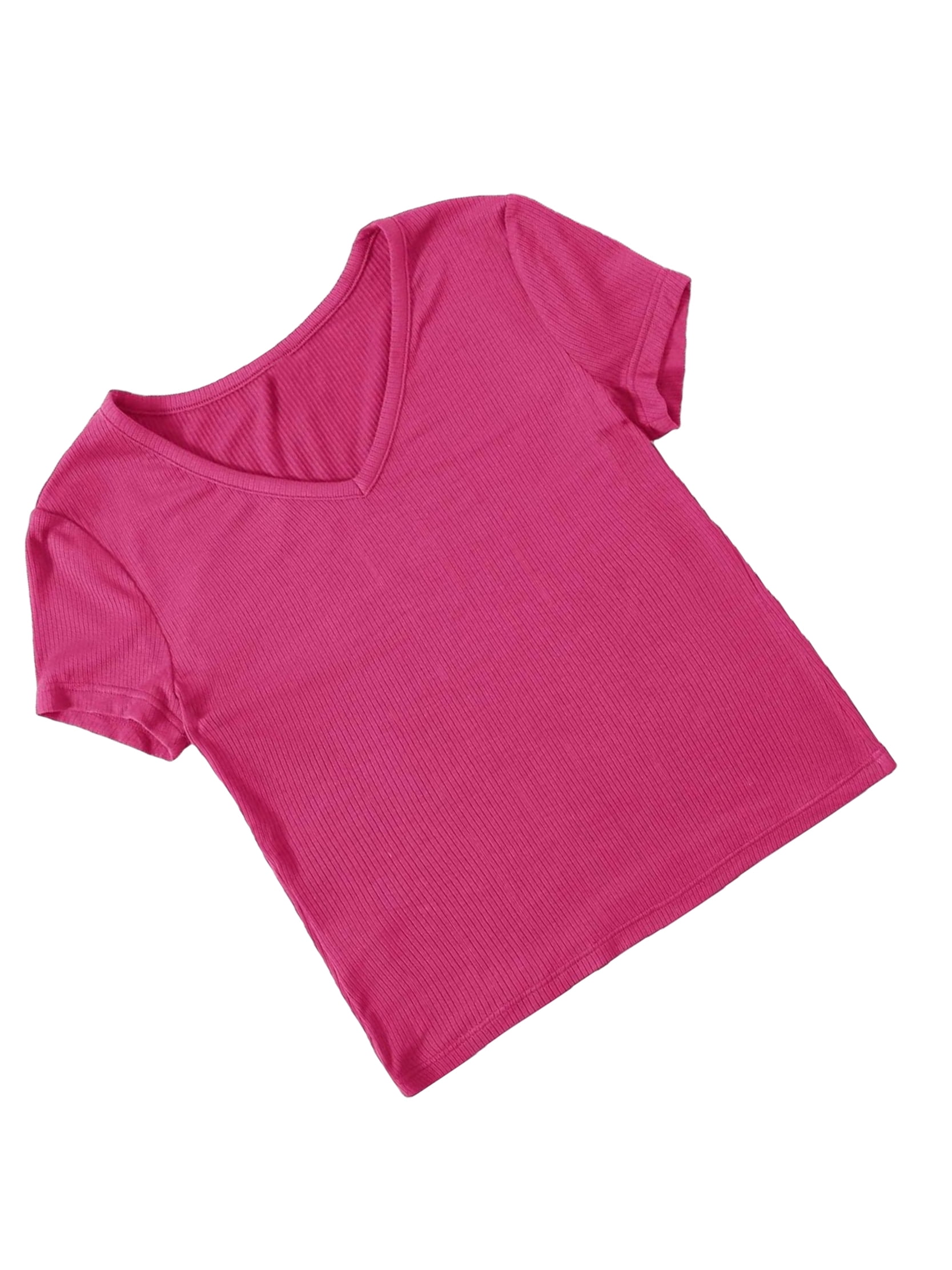 Casual Solid V neck Short Sleeve Hot Pink Women TShirts (Women's
