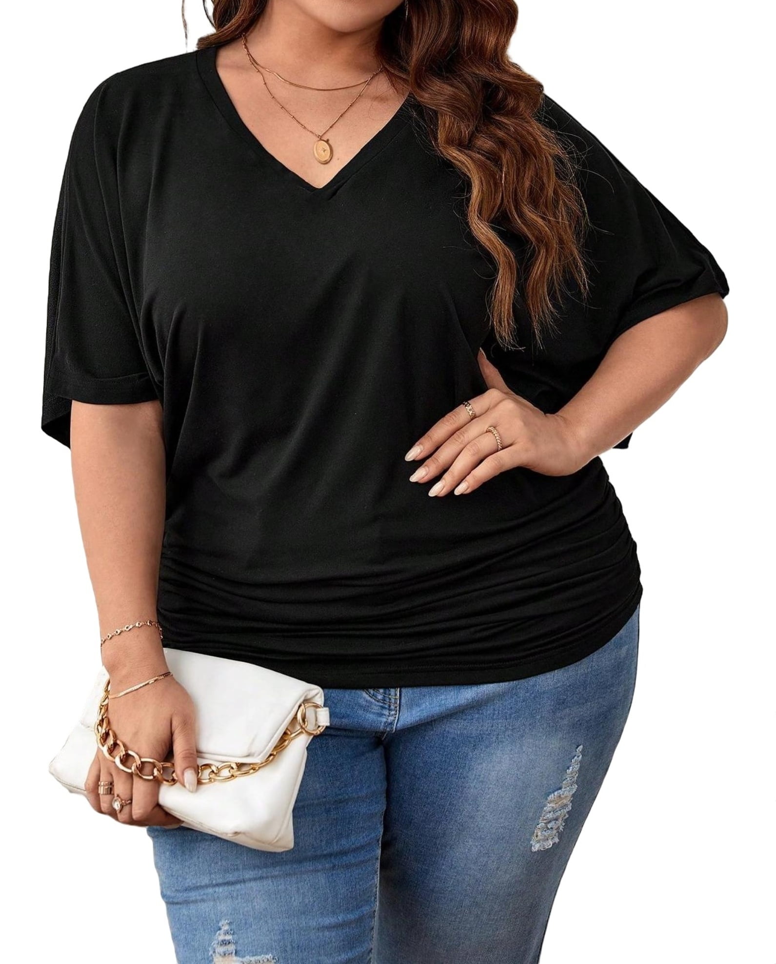 Casual Solid V neck Tee Elbow-Length Black Plus Size T-shirts (Women's ...