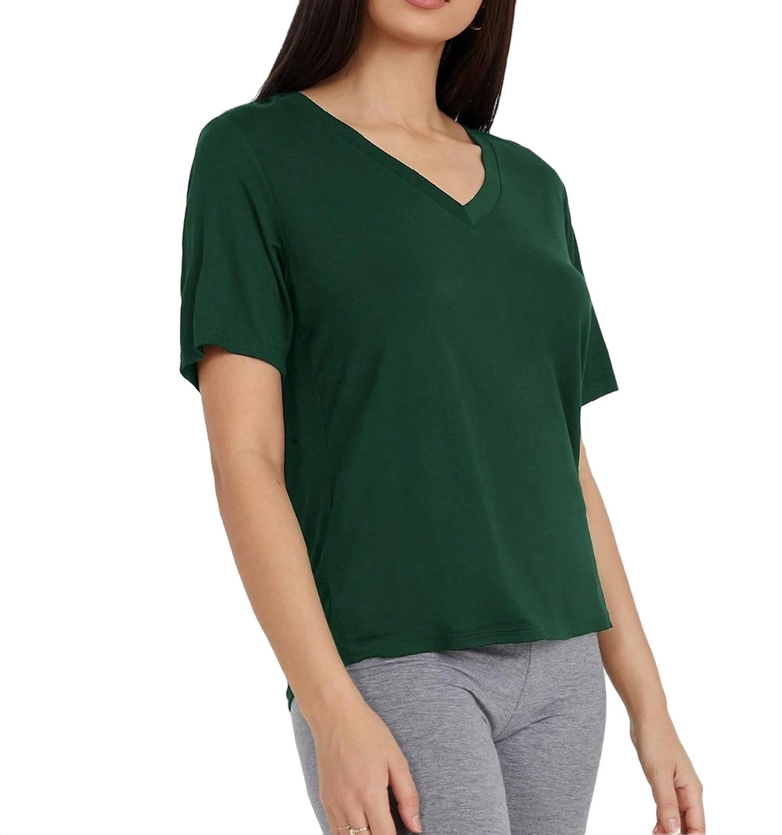 Casual Solid V neck Tee Short Sleeve Dark Green Women TShirts (Women's
