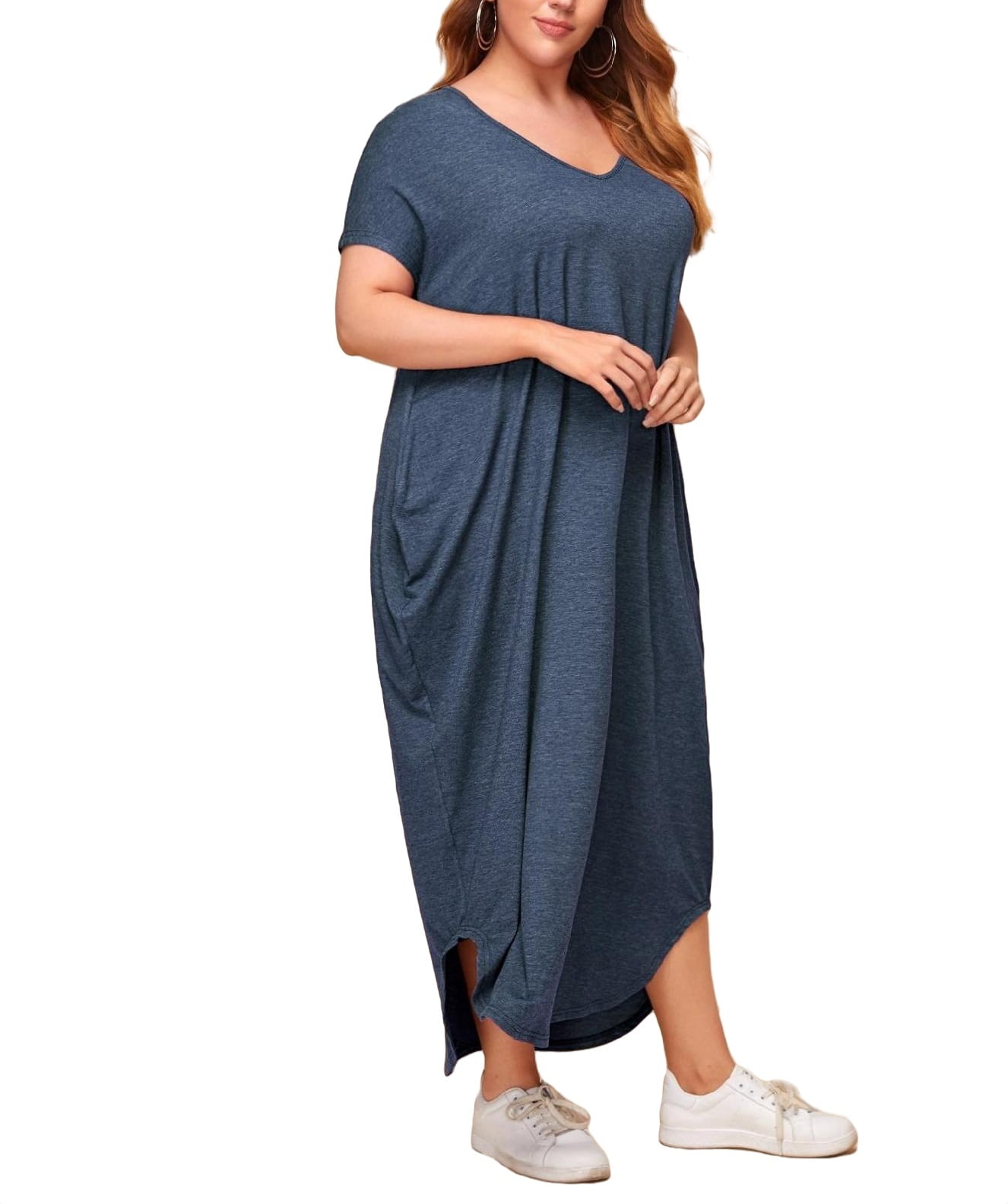 Casual Solid V neck Tee Short Sleeve Navy Blue Plus Size Dresses Women s