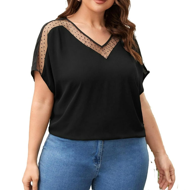 Casual Solid V neck Top Short Sleeve Black Plus Size Blouses (Women's)