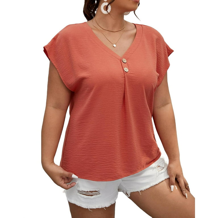 Casual Solid V neck Top Sleeveless Coral Orange Plus Size Blouses (Women's)  