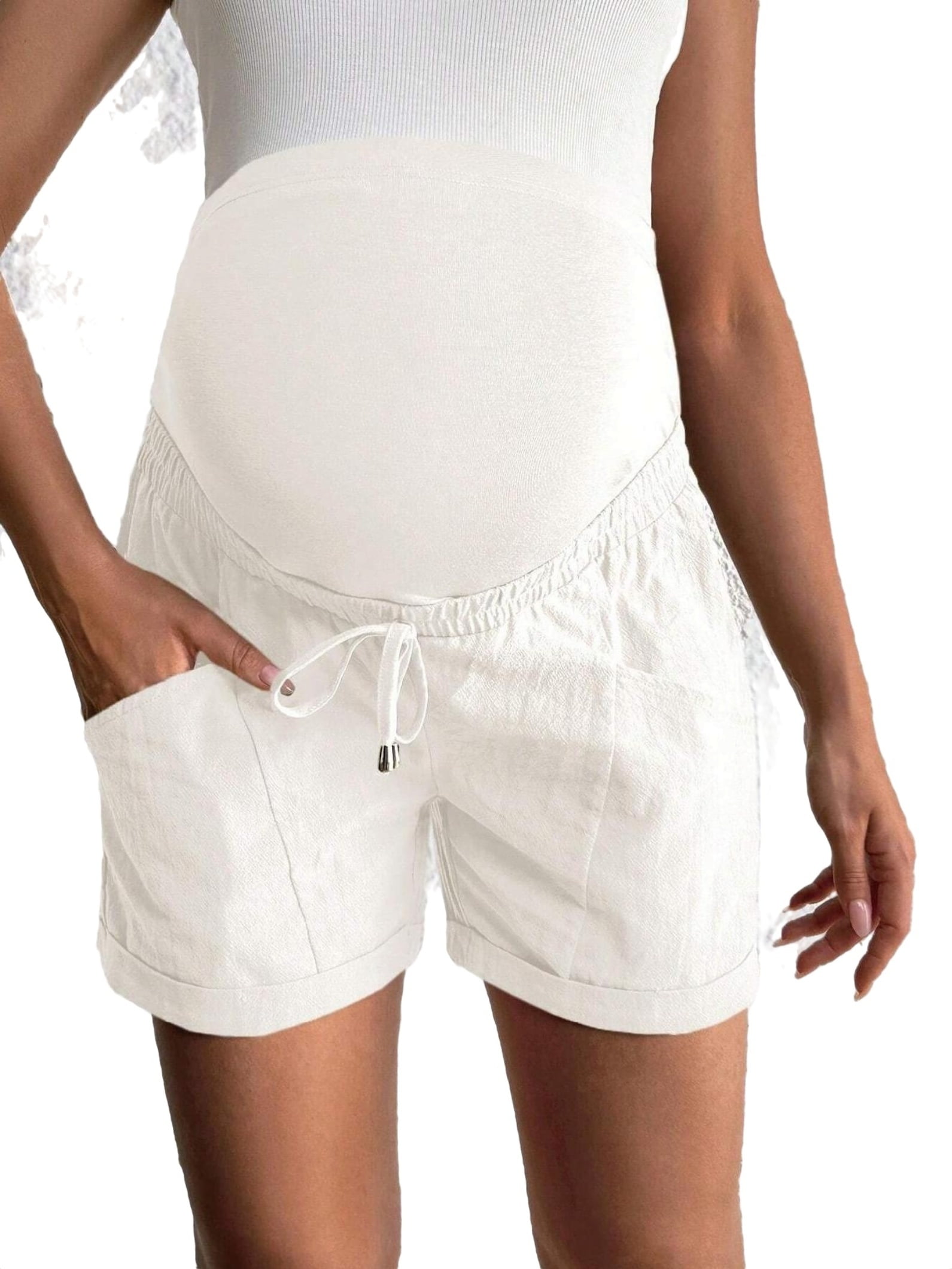 Casual Solid White Maternity Shorts ...