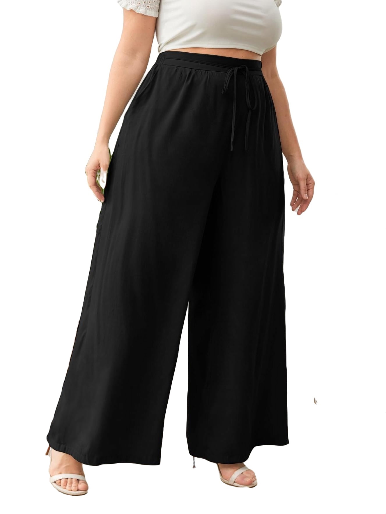 Casual Solid Wide Leg Black Plus Size Pants (Women's) - Walmart.com