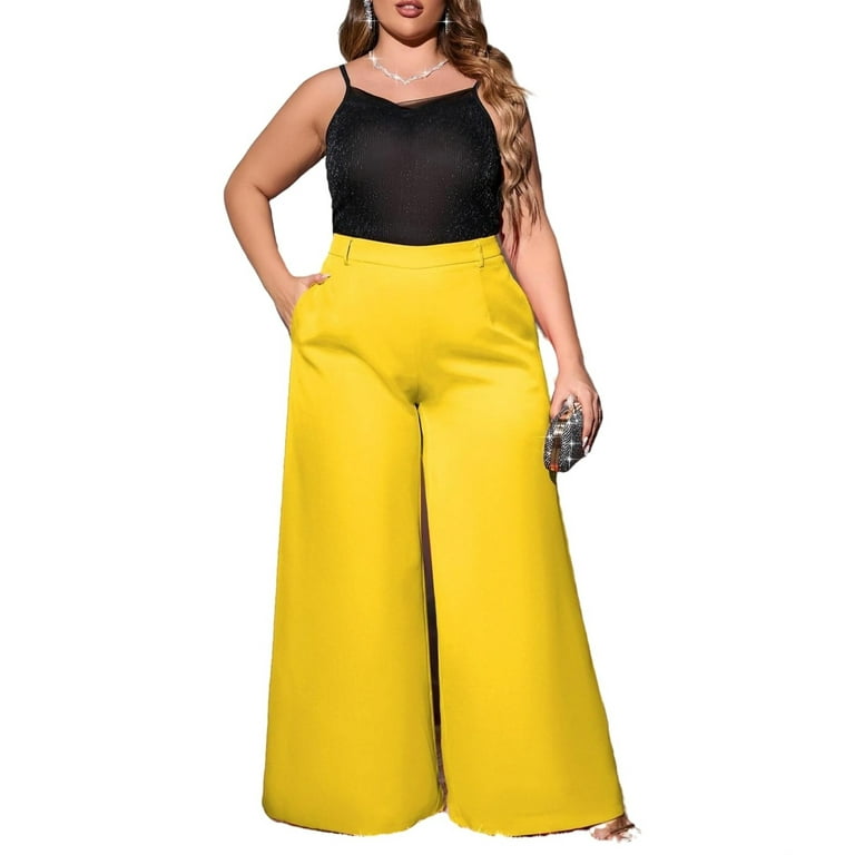 Casual Solid Wide Leg Pants Yellow Plus Size Pants