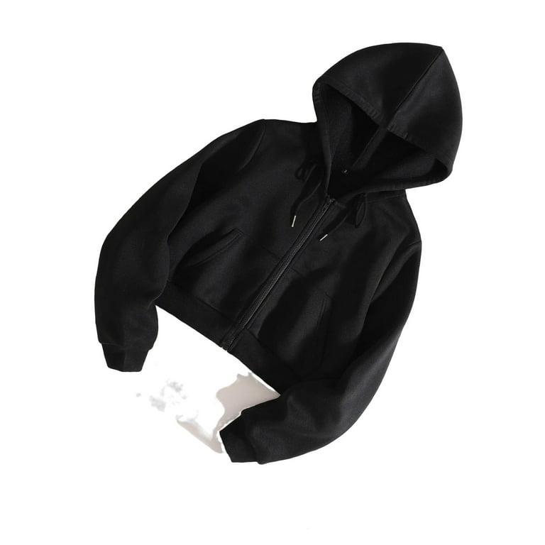 Casual Solid Zip Up Thermal Lined Hoodie Black Women Sweatshirts