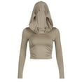 thumbnail image 1 of Casual Sophisticated Women's Bare Shoulder Cowl Neck Hooded T-Shirt Long Sleeves Solid Color Ruched Bodycon Crop Top, 1 of 19
