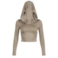 thumbnail image 1 of Casual Sophisticated Women's Bare Shoulder Cowl Neck Hooded T-Shirt Long Sleeves Solid Color Ruched Bodycon Crop Top, 1 of 8