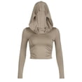 thumbnail image 1 of Casual Sophisticated Women's Bare Shoulder Cowl Neck Hooded T-Shirt Long Sleeves Solid Color Ruched Bodycon Crop Top, 1 of 9