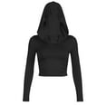 thumbnail image 1 of Casual Sophisticated Women's Bare Shoulder Cowl Neck Hooded T-Shirt Long Sleeves Solid Color Ruched Bodycon Crop Top, 1 of 9