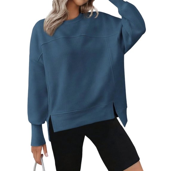 Casual Split Hem Long Sleeve Sweatshirt For Women Round Neck Oversized Drop Shoulder Pullover Top Multiple Colors