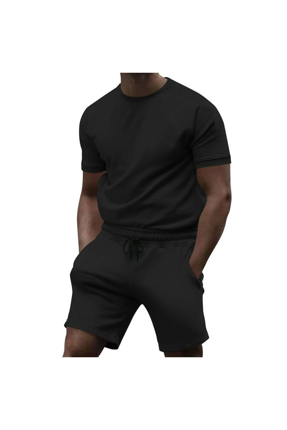 Casual Sport Set for Men Short Sleeve Crewneck T Shirt and Shorts Drawstring Solid Color Athletic Sportswear Tracksuit Sets
