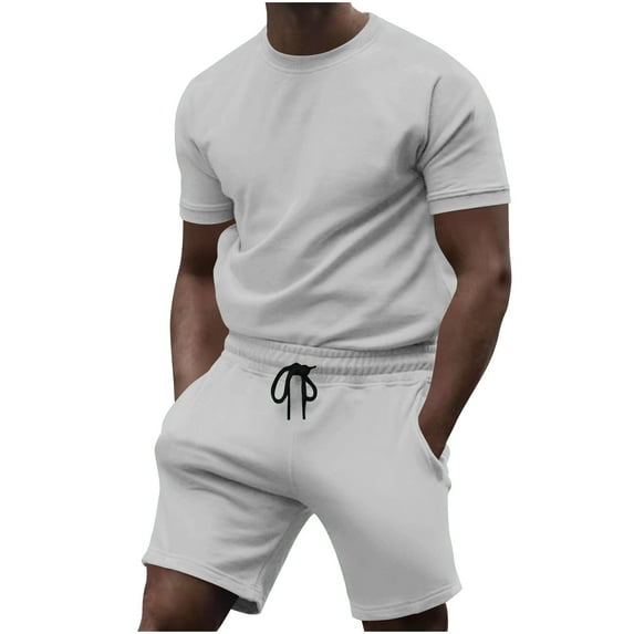 Casual Sport Set for Men Short Sleeve Crewneck T Shirt and Shorts Drawstring Solid Color Athletic Sportswear Tracksuit Sets