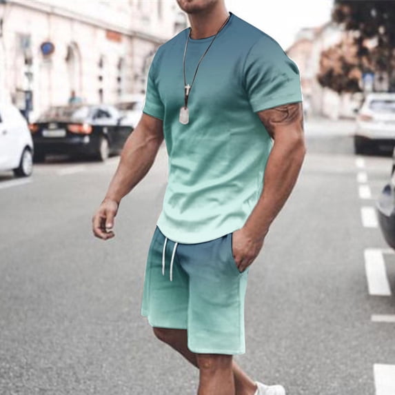 Casual Sport Set for Mens Two Piece Gradient Color Suit Solid O-Neck Short Sleeve Fit Tee Shirts Short Sweatpants Set 2024
