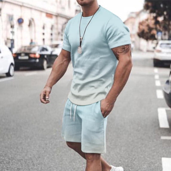 Casual Sport Set for Mens Two Piece Gradient Color Suit Solid O-Neck Short Sleeve Fit Tee Shirts Short Sweatpants Set 2024