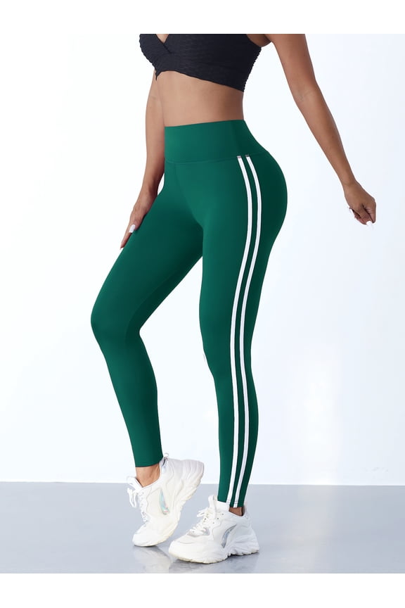 Casual Sports Side Stripe Pants High Waist 4 Way Stretch Breathable Running Workout Yoga Leggings Gym Tight Activewear for Women