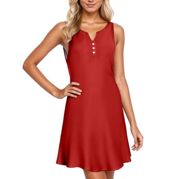 Casual Spring Dress for Women Sleeveless Floral Print V Neck Button Front Loose Fit Mini Dress With Pockets Red