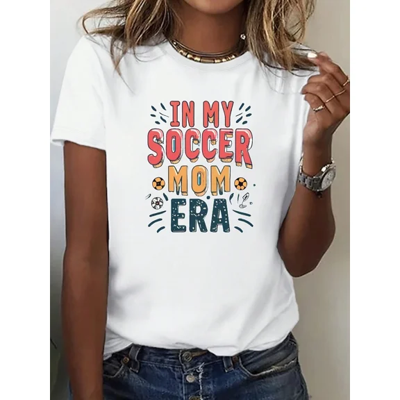 Casual Spring_Summer Women'S Crew Neck Short Sleeve T-Shirt With Spanish Alphabet Print _ Medium Stretch Fabric
