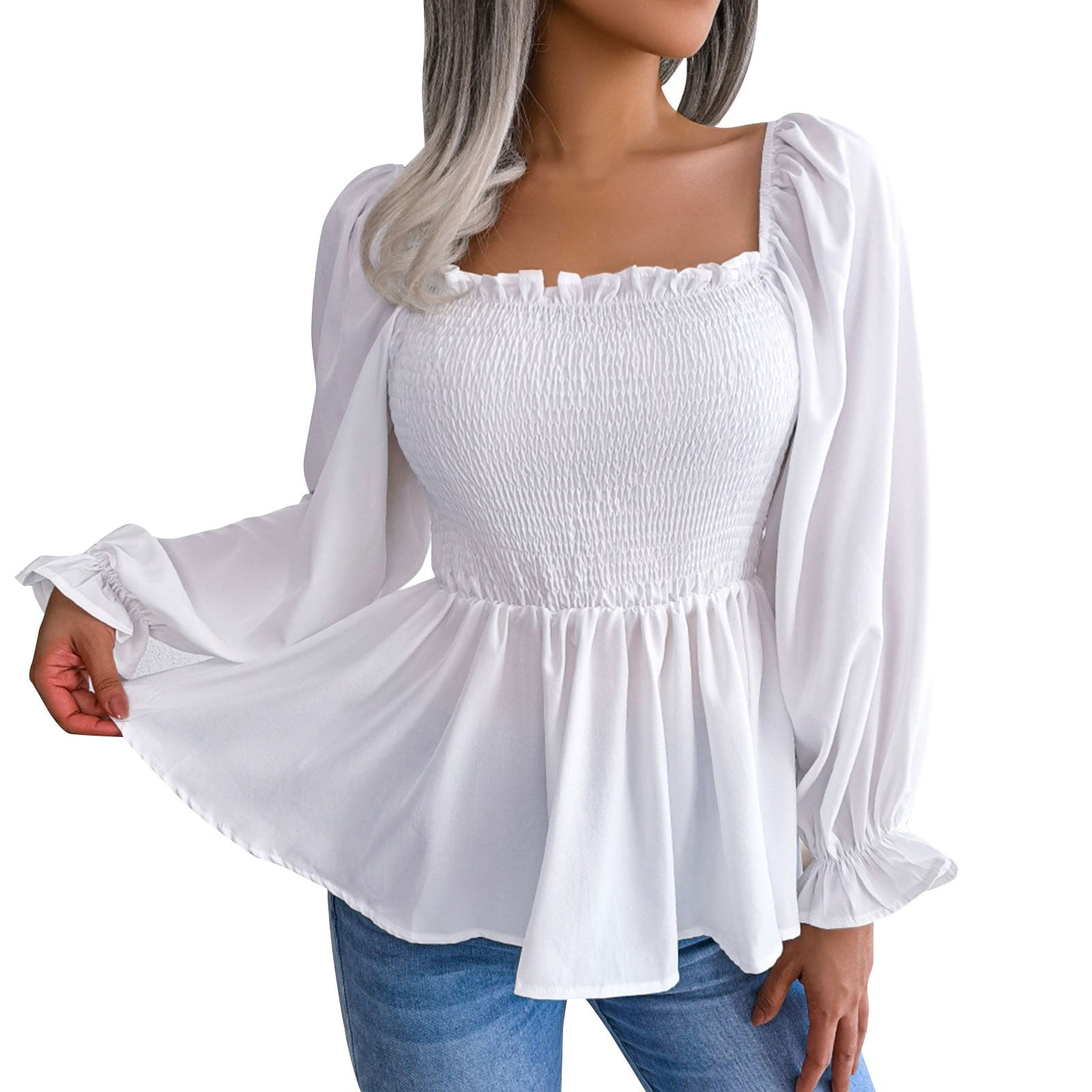 Casual Square Neck Long Sleeve White Tops Tree Chiffon Shirt Elegant Slim Elastic Waist Plus Size Womens Blouses